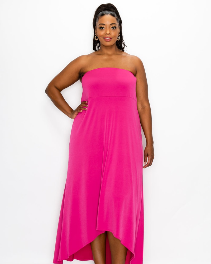 Front of a model wearing a size 1X Adrianne High Low Dress in Fuchsia by L I V D. | dia_product_style_image_id:241507